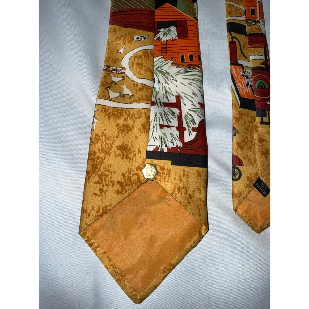 Vintage Farm Scene Novelty Tie Yellow Orange Red Barn Tractor Americana Folk Art